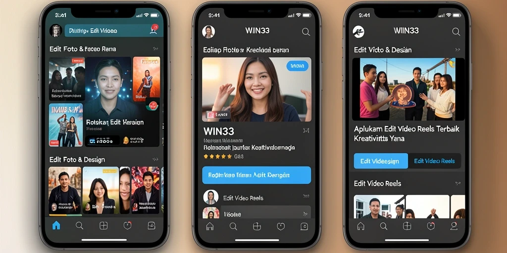 Antarmuka WIN33 menampilkan fitur editing video reels yang intuitif dan menarik.